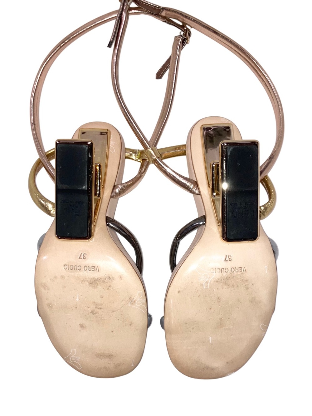 Fendi First Metallic Nappa Strappy Sandals Rose Gold Silver Couture Size 37 US 7 - Picture 13 of 16